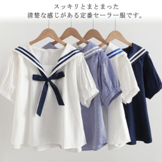 ブラウス 半袖 マリン風半袖 リボン セーラー襟 セーラーカラー プルオーバー Tシャツ コットン 制服 学園祭 フリーサイズ ゆったり 夏 全4色 森ガール系