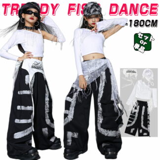 ギャル ヘソ出し キッズ ダンス衣装 ヒップホップ 黒 白 トップス 長パン 女の子 キャミソール ジャズダンス 肩出し セットアップ 子供服 長袖 カーゴパン チア
