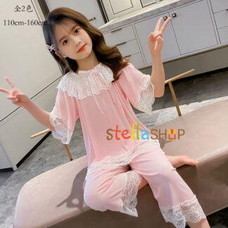 プリンセス パジャマ 女の子 宮殿風 スウィート 半袖 パンツ 七分丈 キッズ ルームウェア 上下セット レース パジャ かわいい