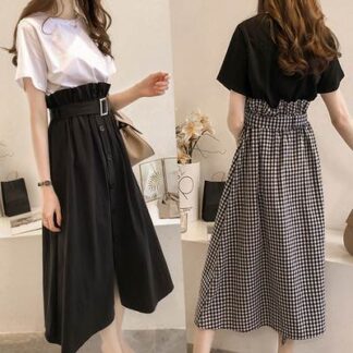 Tシャツ スカート レディース 韓国 セットアップ 夏 ツーピース ベルト付き ハイウエスト 大きいサイズ 2XL 3XL 4XL チェック 無地 オシャレ 個性的 お洒落 かわいい 可愛