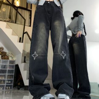 デニム パンツ レディース ジーンズ 星 ハイウエスト ワイドパンツ ストレート ジーパン ゆったり ヴィンテージ風 ストリート 春 夏 秋 カジュアル