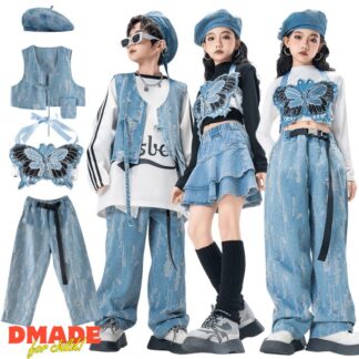 キッズ ダンス衣装 セットアップ 韓国 子供ダンス 女の子 男の子 ブルー デニム トップス 蝶 ベスト スカート パンツ ベレー帽 ストリート ステージ衣装 練習着 HIPHOP 演出服