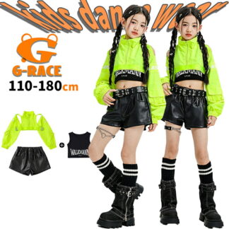 ダンス衣装 蛍光 女の子 ジャズ jazz 子供服 キッズダンス衣装 セットアップ 黒 短パンツ ダンス キッズ 衣装 ヒップホップ チアガール 応援団 トップス へそ出し キ ショートパンツ