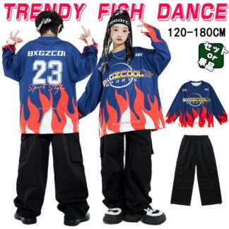 炎柄 ブルー ブラック キッズ ダンス衣装 セットアップ ヒップホップ 男の子 女の子 長袖 トップス ロングパンツ かわいい ゆったり カッコイイ Hiphop チアダンス ダンスウエア