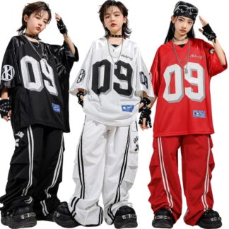 バスケシャツ キッズ ダンス衣装 メッシュTシャツ ワイドパンツ セットアップ 上下セット ナンバーロゴ サイドライン 黒 白 赤 ヒップホップ ストリート 団体服 発表会 文化祭 体育祭