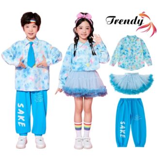 青色 ブルー トップス シャツ 絞り染め ドーパミン 長パンツ スカート キッズ ダンス セットアップ 韓国 k-pop ヒップホップ 男の子 女の子 ギャル かっこいい カジュアル レジャ