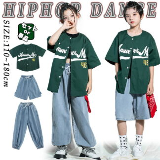 緑 キッズ ダンス 衣装 セットアップ 半袖 ベースボールシャツ カジュアルシャツ トップス デニムパンツ ロングパンツ ハーフパンツ 男の子 ジャズダンス ヒップホップ 女の子