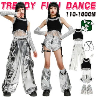 シルバー キッズ ダンス衣装 セットアップ ショートトップ タイアップデザイン ショートパンツ 長パン フリンジ ノースリーブ 女の子 チア チアガール ヒップホップ ジャズダンス ポッ