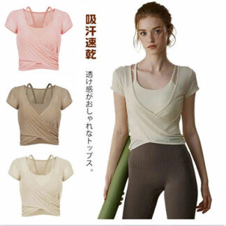ヨガウェア トップス カップ付 レディース ショート丈 半袖トップス 吸汗速乾 薄手 ヨガTシャツ ピラティス ウェア シンプル かわいい パッド付き 無地 スポーツウェア フィットネス ホ