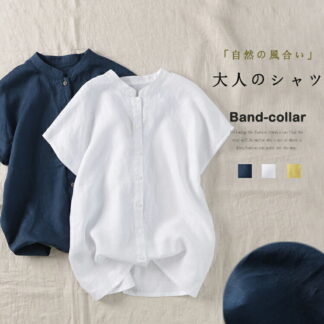 バンドカラーシャツ レディース 白シャツ 半袖 バンドカラー スタンドカラーシャツ 夏 シャツブラウス 綿麻風 半袖シャツ ブラウス 無地 ワイシャツ 半袖ブラウス 50代 綿麻風シ