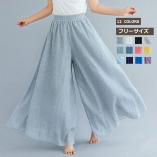 タックワイドパンツ フレアパンツ ガウチョパンツワイドパンツ レディース ガウチョパンツ リネン 無地 ロング丈 ウエストゴム ゆったり シンプル おしゃれ ボトムス 夏 秋パンツ 綿麻全12色 春