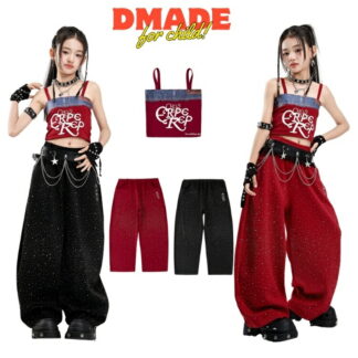 キッズ ダンス衣装 女の子 セットアップ 単品 キャミソール ラメ入り ワイドパンツ チョーカー ベルト 手袋 アクセサリー付き パンク ロック 赤 黒 ヒップホップ 練習着 ジュニア 動きや