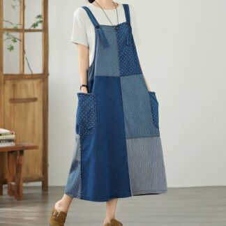 デニム レディース ジャンパースカート ジャンスカ 春夏 ドット ロング丈 切替え ワンピース デニムサロペット スカート エプロン キャミワンピ オーバーオール オールインワン 大人カジュ