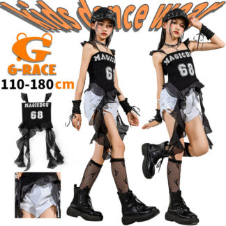 キッズダンス衣装 黒 白 セットアップ フリル キャミソール 英字 シースルー へそ出し ショート丈 レース 短パン チアガール 女の子 ステージ衣装ヒップホップ 上下セット K ダンスウェア