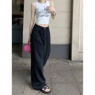 デニム ワイドパンツ レディース ジーンズ ブラック 黒 水玉 ハイウエスト ゆったり ストレートパンツ ロング丈 体型カバー カジュアル かわいい ジーパン