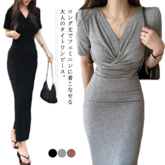 ワンピース レディース ロング丈ワンピース ミモレ丈 半袖 ワンピ ドレス スリム タイト Vネック Tシャツワンピ 薄手 着痩せ ハイウエスト ストレッチ シンプル フェミニン フィット おしゃれ