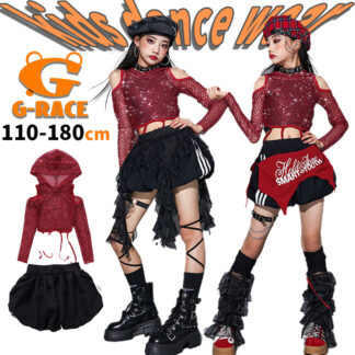 肩あき 肩だし キッズ ダンス 衣装 スパンコール 赤 黒 女の子 フード付き ヘソ出し ショート丈 トップス 長袖 チアダンス ブラック 黒パンツ ショ チア