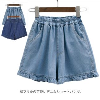 デニムショートパンツ レディース ショートパンツ デニムパンツ 3分丈 短パン ワイドパンツ ハイウエスト ゆったり ウエストゴム 体型カバー 裾フリル 薄手 S M L 2XL 3XL 4XL