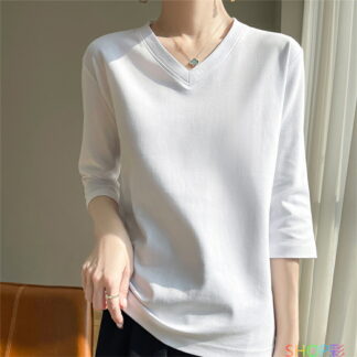 7分袖 Tシャツ レディース Vネック 可愛い 七分袖 カットソー ロンT 綿 コットン 無地 おしゃれ 大人かわいい ラウンドネック トップス インナー 白 黒 ティーシャツ 半袖tシャツ