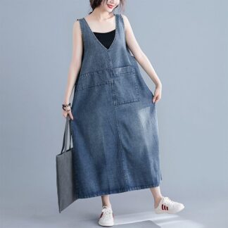 Aラインデニムジャンパースカート デニムサロペットスカート パーカー Vネックワンピース ロング 大きいサイズ 春 夏 Aライン マキシ丈 レディース 体型カバー ゆったり 大人 きれいめ 20