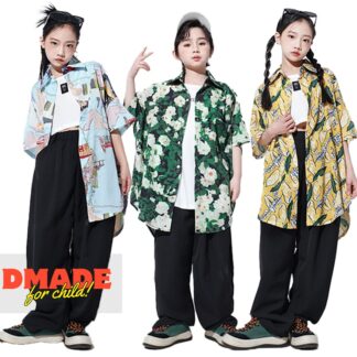 柄シャツ リゾート風 半袖 夏 キッズダンス衣装 セットアップ ヒップホップ 衣装 キッズ 男の子 女の子 子供服 韓国風 K-POP 演出服 応援団 総柄 シャツ イエロー 青 パンツ ロング丈