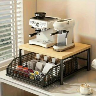 省スペースキッチンカウンタートップオーガナイザー 引き出し＆ワイヤーバスケット付き - コーヒーメーカー、調理器具、スパイス用 頑丈