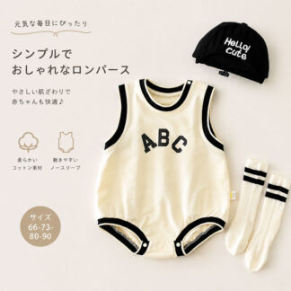 ベビーロンパース ノースリーブ 帽子付き 靴下付き 新生児 赤ちゃん カバーオール 女の子 男の子 ABC柄 おしゃれ シンプル やわらかい 肌に優しい スナップボタン ベビー服 春夏 夏用