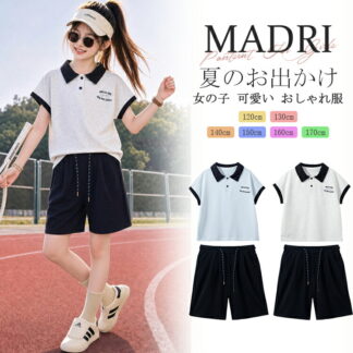 女の子 POLOシャツ セットアップ 半袖 ショートパンツ 2点セット キッズ ジュニア スポーツウェア テニスウェア 韓国風 夏服 子供服 刺繍ロゴ 配色デザイン 吸汗速乾 カジュアル おし
