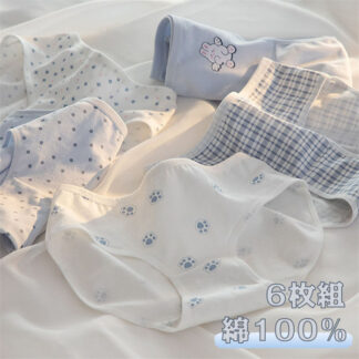 6点セット ショーツ 綿100% レディース セット かわいい レース 深ばき 下着 女性 ドット ブルー系 レースパンツ 無地 少女 コットン 綿パンツ 綿