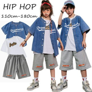 デニム ベースボールシャツ キッズ ダンス衣装 セットアップ 男の子 女の子 ショートパンツ グレー ファッション かっこいい おしゃれ 演出服 団体服 演奏会 ヒップホップ ジ 応援団