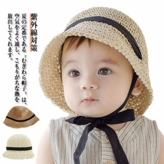 子供用 赤ちゃん 可愛い UV対策 熱中症対策 女の子 キッズ 紫外線対策 ナチュラル あご紐付き ハット 帽子 男の子 麦わら帽子 リボン UVカット お出かけ お散歩 出産祝い 日よけ帽子