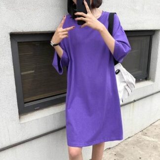 半袖 Tシャツワンピ トップス ワンピース レディース Tシャツ オールシーズン ひざ丈 Uネック ブラック 黒 ホワイト 白 赤 レッド ネイビー 藍色 イエロー 黄色 紫色 無地 サイズ