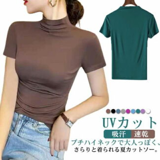 UVカット プチハイネック 夏 カットソー ハイネック 半袖 吸汗 速乾 シンプル レディース きれいめ ブラウス 無地
