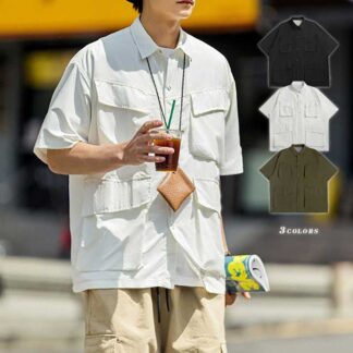 半袖シャツ メンズ カジュアルシャツ 夏服 男性用 半袖 ジュニア スクール 大きいサイズ ワークシャツ ミリタリー 折り襟 ポケット付き トップス ゆったり 無地 羽織り 開襟シャツ