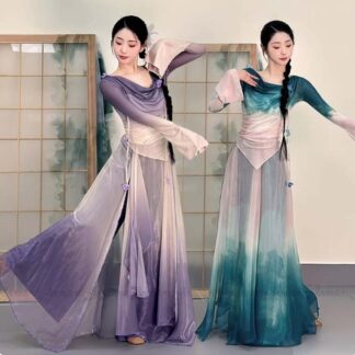古典舞踊 ダンス衣装 3点セット レディース 古典ダンス 飄逸 中国踊り 民族ダンス 練習着 レッスン着 グラデーション 長袖ブラウス スカート風ワイドパンツ キャミソール付き 上下セッ