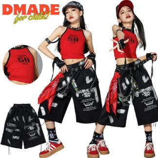 ダンス衣装 セットアップ キッズ ヒップホップ ハーフパンツ 黒 赤 ステージ衣装 イベント 韓国 チョッキ ヘソ出し jazz アイドル K-POP Y2K 子ども 団体服 個性派 ベルト