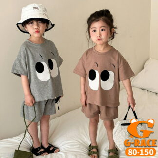 目柄 韓国 子供服 セットアップ 男の子 女の子 ベビー ジュニア ユニセックス キッズ ジャージ 上下セット 春夏 綿 半袖 ｔシャツ ハーフパンツ 短パン グレー おしゃれ 可愛い 赤ち
