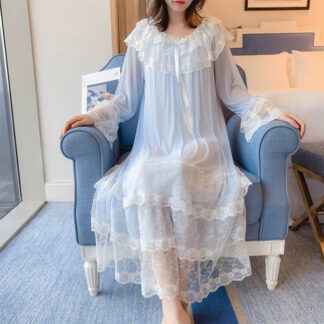 ロング ネグリジェ 姫系 ルームウェア ワンピース パジャマ 長袖 レース フリル ロング丈 ネグリジェドレス レディース ナイトウェア ゆったり ナイトドレス