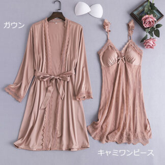 2点セット ガウン ルームウェア サテン レース パジャマ レディース 長袖 部屋着 寝間着 女性 セクシーランジェリー セットアップ キャミソールワンピース 光沢感のあるサテン生地 薄