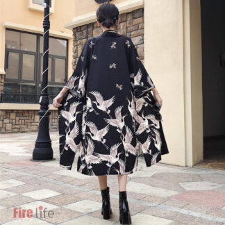 甚平風 ロング カーディガン 模様柄 鶴 メンズ レディース UVカット 日焼け防止 男女兼用 アウター 和風 ファッション カジュアル 着物 羽織 おしゃれ ブラック イベント 花火大会 お祭り