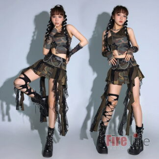 ダンス衣装 大人 レディース 迷彩柄 ステージ衣装 K-POP衣装 へそ出しセットアップ セクシー タンクトップ スカート ダンスウェア jazz ヒップホップ ジャズダンス 新作 S M イベント