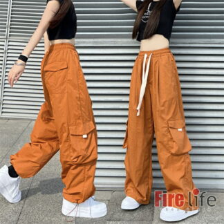 カーゴパンツ オレンジ レディース ボトムス ワイドパンツ ダンスパンツ ゆったり 太め hiphop ロングパンツ カジュアルパンツ ヒップホップ
