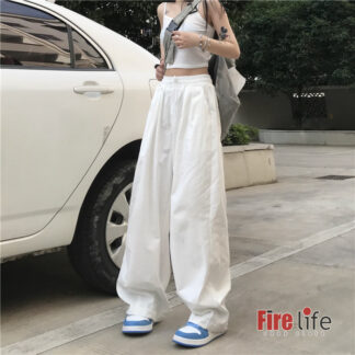 ホワイトパンツ ワイドパンツ ロングパンツ レディース ボトムス 白 無地 ハイウエスト ゴムウエスト ダンスパンツ カジュアル 体型カバー hiphop ゆったりめ
