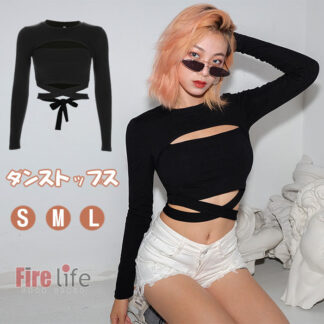 ダンストップス レディース 重ね着風 ショート丈 ヘソ出し Ｔシャツ 長袖 個性的 jazz ジャズ K-POP 韓舞 ダンス衣装 カットソー セクシー おしゃれ