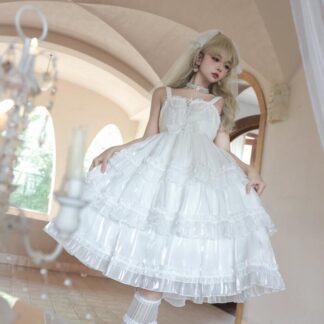 ワンピース お姫様 ロリータワンピース 真っ白 ロリータ 袖なし膝丈 ティアードドレス キャミソール 可愛い コスチューム 学園祭 文化祭 撮影 ロリータドレス ホワイト イベント衣装