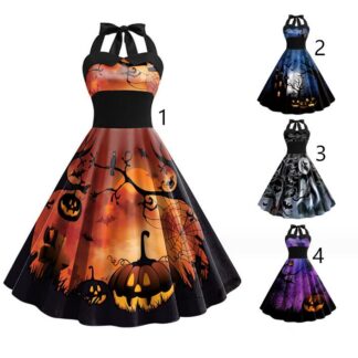 ハロウィンドレス 髏髑 カボチャ 蝙蝠柄 レディース ハロウィン コスプレ衣装 膝丈 キャミソール 大きい裾ワンピース 細身 フレアドレス Halloween dress 魔女 変身仮装 こすぷ