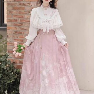 漢風 ロリータ服 改良版漢服 漢風シャツ 長袖シャツ 馬面スカート フリル羽織 チューリップの刺繍 ロング丈スカート 女性 ハロウィン コスプレ衣装 コスチューム 撮影衣装 ピンク 中華風
