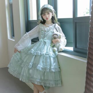ロリータワンピース お姫様 ワンピース ロリータ服 袖なし キャミソール 膝丈 ティアードドレス 可愛い コスチューム 学園祭 文化祭 撮影 ロリータドレス グリーン イベント衣装