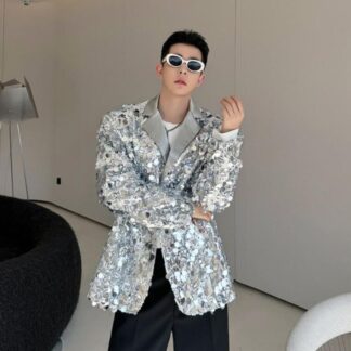 メンズファッション メンズ舞台演出服コート スパンコール ジャケット キラキラ 男性 舞台演出服 歌手 バー カラオケ ジャズダンス ステージ シルバー ブラック スパンコールコート レザー