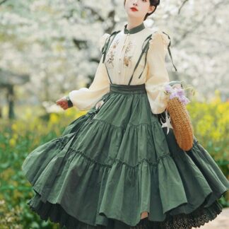 レトロワンピース ロング丈 レトロ ドレス 改良版漢服 森ガール系 仙女ドレス 長袖 半袖 ロリータシャツ 重ね重ね スカート 上下セット 中華風ドレス 学園祭 可愛いドレス グリーン 文化祭